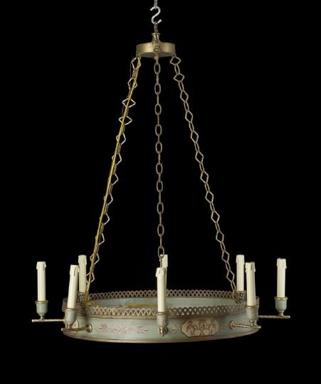 French Empire-Style Tole and Brass Chandelier: French Empire-Style Tole and Brass Chandelier, the blue painted ring-form body decorated with cut-cornered reserve panels of putti with urns alternating with foliate medallions, crowned with a pierced
