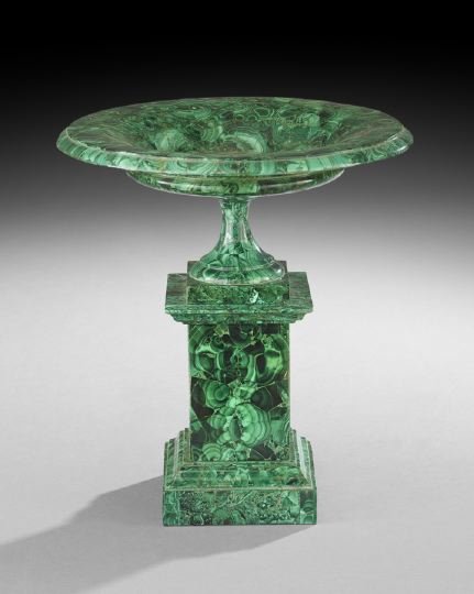 Malachite-Clad Tazza on Stand: Malachite-Clad Tazza on Stand, 19th century, probably Russian, the square plinth trimmed with ogee molding, supports the tazza of classical form, h. 10-3/4", dia. 9-3/4".