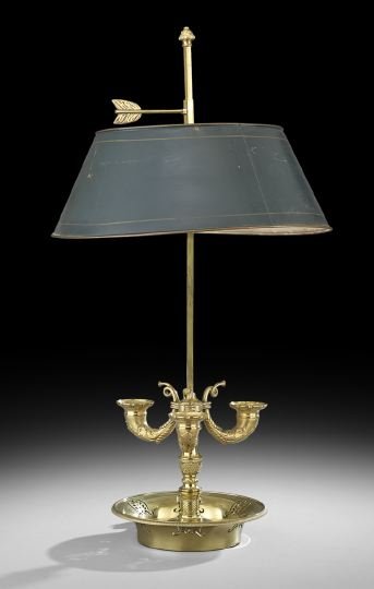 Brass and Tole French Empire-Style Bouliotte Lamp: Brass and Tole French Empire-Style Bouliotte Lamp, the pan base, trimmed in engine turning and pierced with anthemia, the turned standard decorated with engine turning and supports three empire-style
