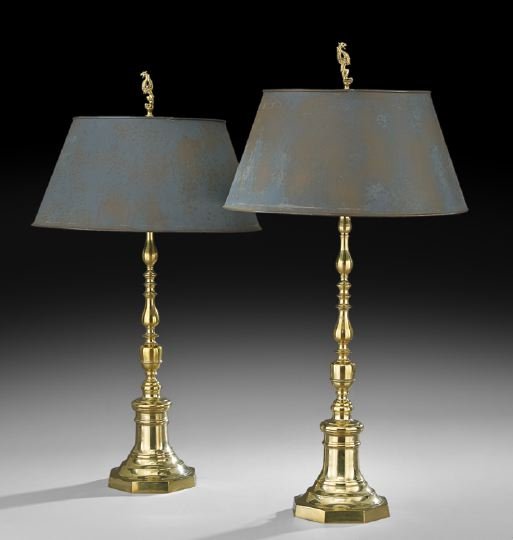 Pair of English Candlestick-Form Table Lamps: Pair of English Brass Candlestick-Form Table Lamps with Blue Tole Shades, feet support the turned standards, with ring bell and vase-shaped elements, the old tole shade painted dark blue, h. 37-1/2",