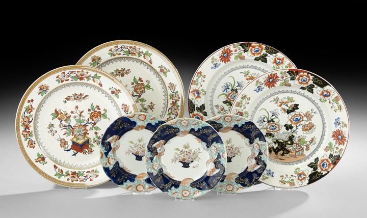 Seven Imari Palette Ironstone Plates: Seven-Piece Collection of Imari Palette Ironstone Plates, fourth quarter 19th century, English, the three dessert plates with cobalt and orange borders and a basket of flowers in the center, marked by