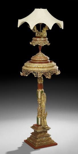 Burmese Occasional Table: Burmese Occasional Table, 19th century, wood and leather with red and gold lacquer inset with multi-colored mirror inlays, and two other elements joined together as a lamp, h. 63".