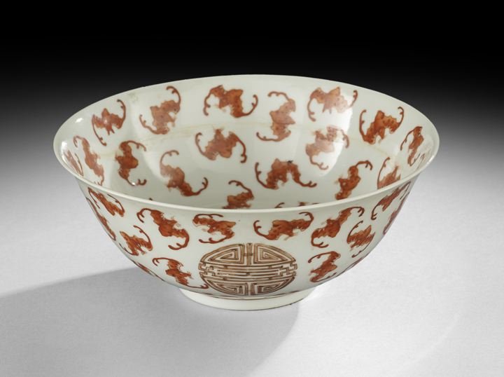 Chinese Export White Porcelain Bowl: Chinese Export White Porcelain Bowl, 20th century, in "Thousand Bats" decor, signed under the base, h. 3-1/2", dia. 8-1/2".