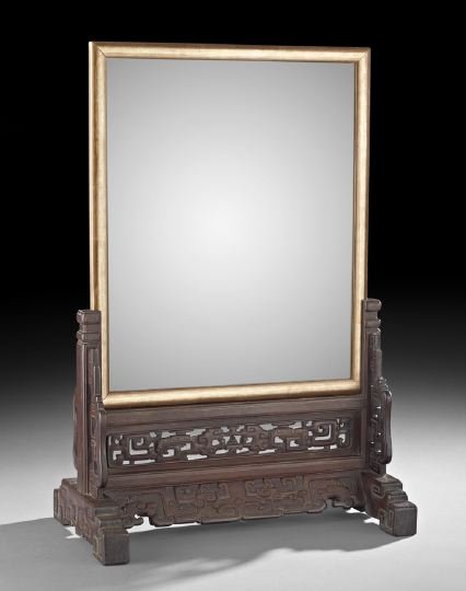 Chinese Table Screen: Chinese Table Screen, 19th century, the rosewood carved with archaic scrolling and kuei dragons, the panel now replaced with a mirror, overall h. 29-3/8", w. (at base) 9-3/4", d. 11-1/2"; mirror (incl
