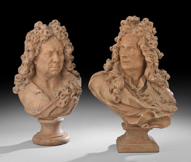 Two Similar Terracotta Busts: Two Similar Terracotta Busts, fourth quarter 19th century, Continental, one terracotta and depicting the self portrait of Charles Antoine Coysevox and the other, tinted plaster and probably depicting