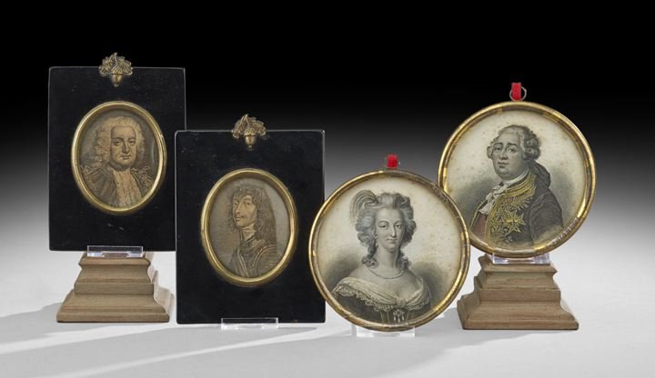 Two Pairs of Engraved Portrait Miniatures: Two Pairs of Engraved Portrait Miniatures, 19th century, including a pair of reproduction engravings of the Earl of Granville and Percy, Earl of Northumberland, both set in English lacquered miniature
