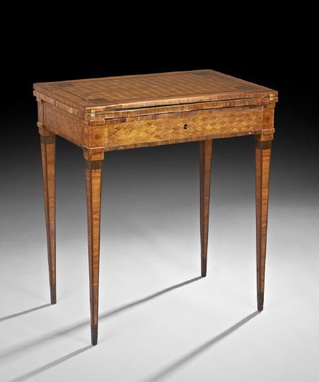Louis XVI-Style Parquetry-Inlaid Games Table: Louis XVI-Style Parquetry-Inlaid Kingwood Games Table, mid-19th century, the rectangular lattice-inlaid top hinged and opening to a baize-lined surface, above a like-inlaid frieze fitted with a single