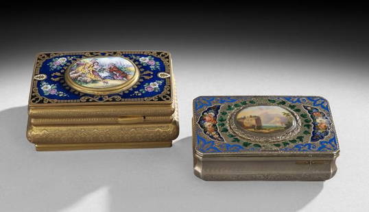 Two Enameled Automaton Music Boxes: Two Enameled Automaton Music Boxes, fourth quarter 19th century, Continental, the first example, fourth quarter 19th century, the bombe-sided case decorated with scrollwork and flowers, the lid bright