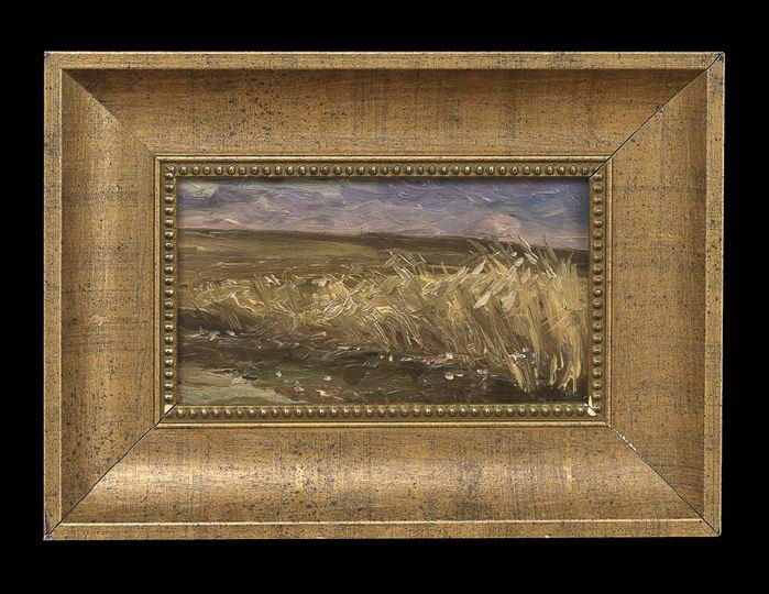 Attr. to Jan Stanislawski (Polish, 1860-1907): Attributed to Jan Stanislawski (Polish, 1860-1907), "Ukranian Landscape", oil on board, partial signature visible lower right, verso with artist's name and indiscernible title of work, 5-1/2" x 9-1/4"
