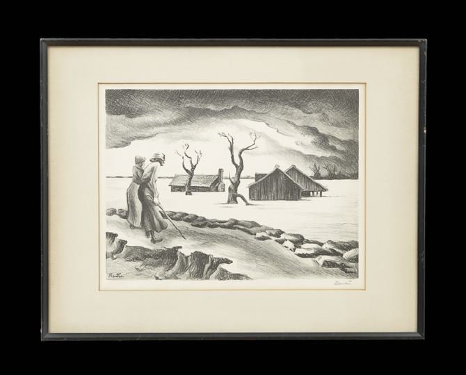 Thomas Hart Benton (American, 1889-1975): Thomas Hart Benton (American, 1889-1975), "Flood", lithograph, signed lower right, signed in plate lower left, AAA Publishers, sight 10" x 12 3/4". Matted and framed.