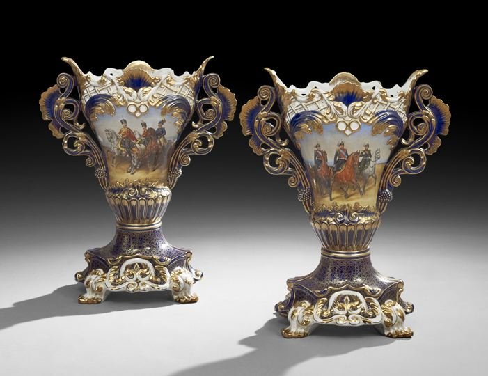 Monumental Pair of Paris-Style Garniture Vases: Monumental Pair of Paris-Style Rococo Revival Garniture Vases, leaf-molded gilt and white feet support the bases decorated with gilt and white scrollwork borders against a cobalt ground with gilt roca