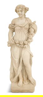 Cast-Stone Garden Figure of "Spring": Cast-Stone Garden Figure of "Spring" 20th century, the neoclassical figure clad in drapery, supporting a garland of spring flowers. h. 59-1/2", w. 17", d. 15"