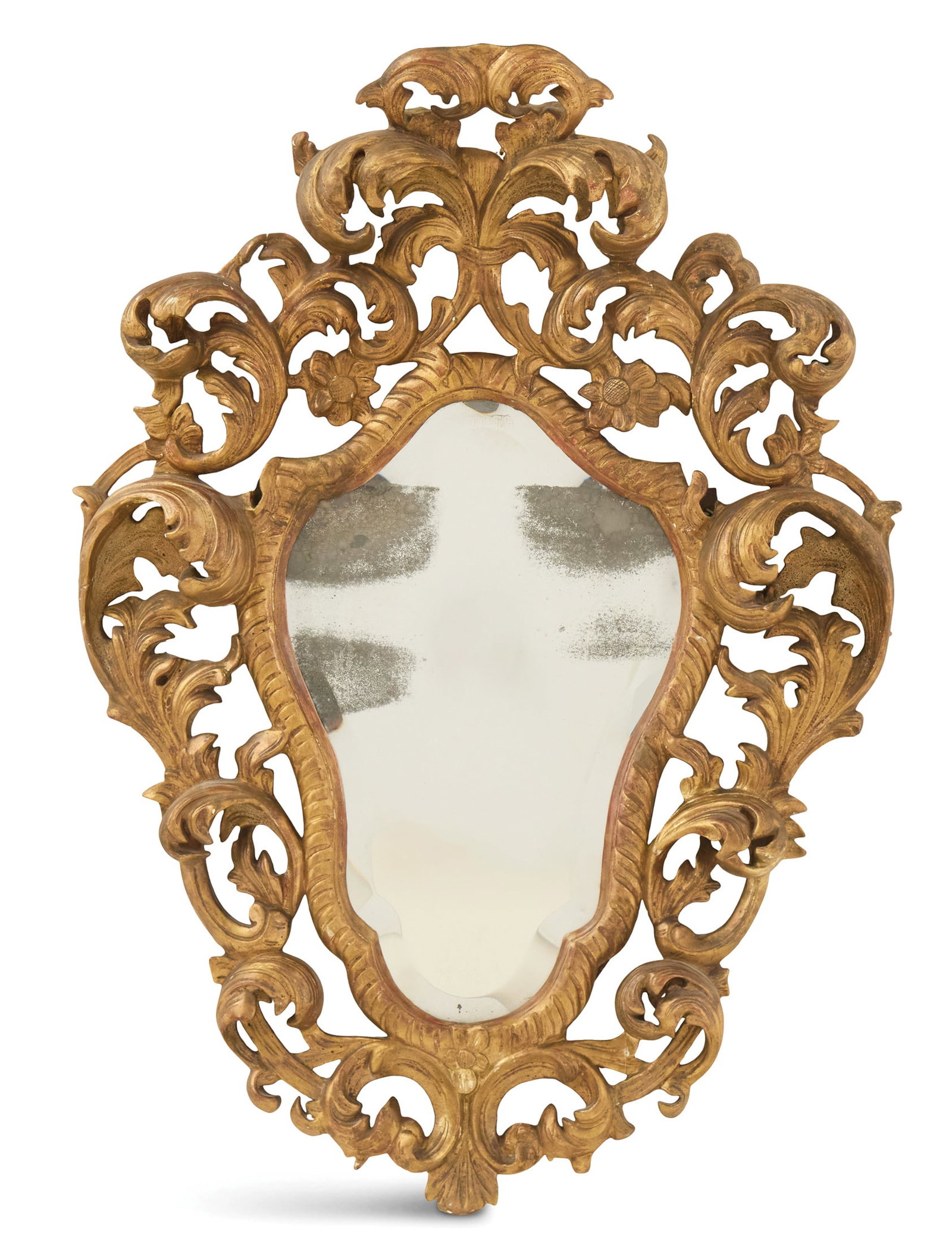 Italian Giltwood Mirror in the Baroque Taste: Italian Giltwood Mirror in the Baroque Taste fourth quarter 19th century, the pierced surround decorated with bold carved and pierced scrollwork, the beveled mirror plate set into rope-twist carving, 