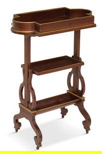 Napoleon III Mahogany Tiered Table: Napoleon III Mahogany Tiered Table 19th century, the upper tier of D-end rectangular shape with a tall raised gallery and brass banding, joined to a lower shelf and a well shelf by lyre-form