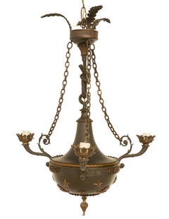 French Patinated Metal and Bronze Chandelier: French Patinated Metal and Bronze Chandelier first quarter 20th century, the three-light chandelier having a lower tank applied with bronze stars and anthemia, and set with cornucopia-form scrolled