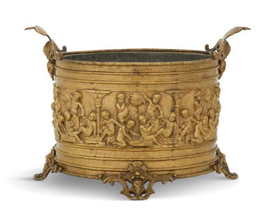 French Signed Brass Jardiniere: French Signed Brass Jardiniere late 19th century, the oval brass planter decorated with molded classical scenes personifying geography, mounted with molded handles on each side, with pierced feet on