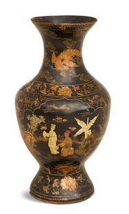 Chinese Lacquered Floor Vase: Chinese Lacquered Floor Vase 19th century, the neck decorated with a phoenix and the facade with gilt dancers in a garden, on a ground of scrollwork and lotus blossoms, all on a black ground. h.