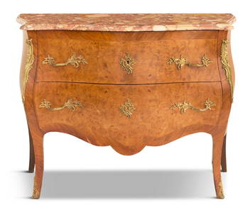 Burr Elm and Kingwood Marble-Top Commode: French Burr Elm, Kingwood and Marble-Top Commode early 20th century, in the Louis XV taste, the shaped Breche d'Alep marble top above a conforming bombe case fitted with two deep drawers with