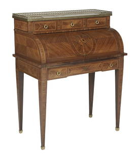 Louis XVI-Style Marble-Top Bureau Cylindre: Louis XVI-Style Kingwood and Marble-Top Bureau Cylindre late 19th century, the superstructure fitted with a marble top within a three-quarter pierced brass gallery over three short drawers, the roll