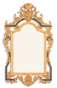 Italian Baroque Style Mirror: Giltwood and Ebonized Mirror in the Italian Baroque Taste contemporary, the pierced surround decorated with scroll and rocaille work, flower heads and accented with ebonizing, set with a conforming