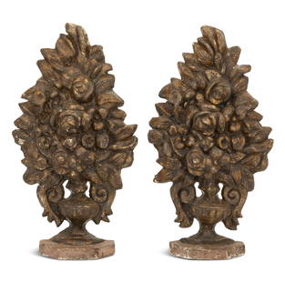 Pair of Italian Baroque Papier-Mache Garnitures: Pair of Italian Baroque Papier-Mache Garnitures 19th century, in the form of bold, pierced urns of fruit and flowers, retaining remnants of silver gilt, on faceted wooden bases. h. 29", w.