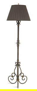 French Cast-Iron and Parcel-Gilt Floor Lamp: French Patinated Cast-Iron and Parcel-Gilt Floor Lamp the standard composed of a cluster of three vertical rope-twist rods with scrolled tops, bound with gilded "rope" on matching scrolled
