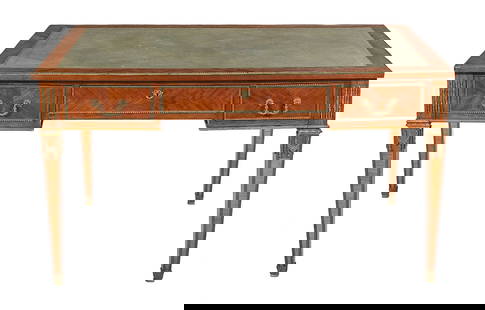 Louis XVI-Style Kingwood Writing Table: Louis XVI-Style Kingwood Writing Table early 20th century, the banded rectangular top with an inset leather surface and within an ormolu banding, above a conforming frieze fitted with a central
