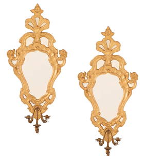 Italian Giltwood and Tole Girandole Mirrors: Italian Giltwood and Tole Girandole Mirrors 19th century, in the Baroque taste, the shield-form mirrors with flower heads and rocaille work on the mirror-inset crests, with matching side trim, the