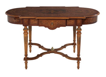 Louis XVI-Style Marquetry-Inlaid Center Table: Louis XVI-Style Marquetry-Inlaid Center Table of mixed woods, including mahogany and fruitwood, the shaped and inlaid top above a conforming frieze fitted with a drawer, raised on fluted legs joined