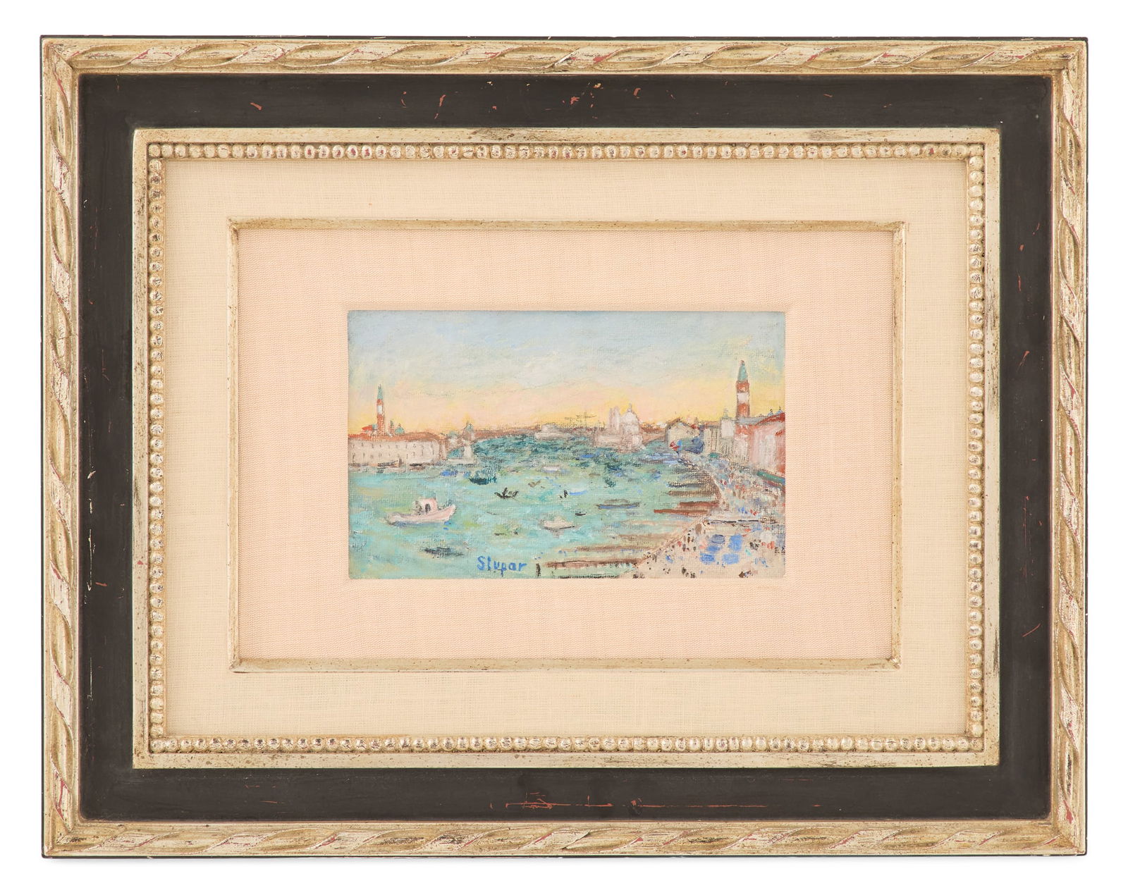 Marko Stupar (Yugoslavian/French, 1936-2021): Marko Stupar(Yugoslavian/French, 1936-2021)"Coastal Scene"oil on canvas boardsigned lower center.Framed.sight 5-1/8" x 8-1/4", framed 15-3/4" x 20" Provenance: The Estate of Martha Turner & Glenn Baug