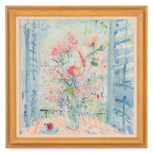 French School (20th Century): French School 20th Century "Still Life in Front of Open Window" oil on canvas signed "P. Alit" lower right. Framed. 36-1/2" x 36-1/2", framed 44-1/2" x 44-1/2" Provenance: The Estate of Martha