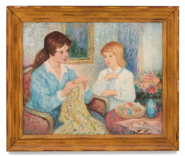 Pierre Eugene Duteurtre (French, 1911-1989): Pierre Eugene Duteurtre (French, 1911-1989) "Two Girls" oil on canvas signed lower right, a "Frances Aronson Fine Art" label en verso. Framed. 18" x 22", framed