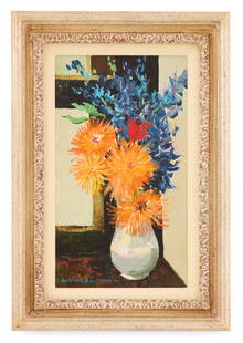 Jacques Bouyssou (French, 1926-1997): Jacques Bouyssou (French, 1926-1997) "Les Fleurs Jaunes" oil on canvas signed lower left, titled en verso. Framed. sight 16-1/4" x 9-1/2", framed 21-1/2" x 15" 
