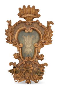 Italian Giltwood and Eglomise Girandole: Italian Giltwood and Eglomise Girandole 19th century, in the Baroque taste, the inverted pear-form girandole with a crest in the form of a basket of flowers, framed with "sun rays", the