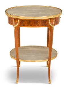 Louis XV-Style Marble-Top Side Table: Louis XV-Style Marble-Top Side Table 20th century, the kingwood, mahogany and ormolu-mounted side table with an inset oval gray marble top with a cast-bronze surround, one end fitted with a drawer,