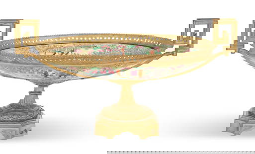 Franco-Chinese Bronze and Porcelain Centerpiece: Franco-Chinese Bronze and Porcelain Centerpiece fourth quarter 19th century, the rose medallion oval bowl decorated with mandarin figures, pink peonies, birds and butterflies, with Belle Epoque