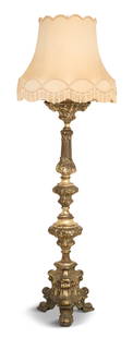 Continental Silvered Brass Torchere: Continental Silvered Brass Floor Lamp 19th century, the drip pan decorated with molded scrollwork and cabochons, over a bold, vasiform standard decorated with scrolled rocaille work, on a base with