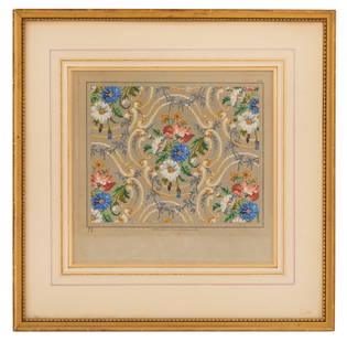 French Framed Needlepoint Pattern: French Framed Needlepoint Pattern mid-19th century and later, decorated with a pattern of scrollwork and flowers on a gray ground, marked "SAJOU, CABIN SUCCr. Rue de Rambuteau, 52, Paris",