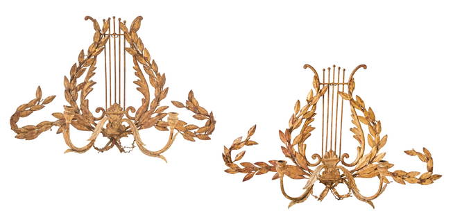 Gilt-Metal Sconces of Neoclassical Inspiration: Pair of Italian Gilt-Metal Sconces 20th century, the lyre-form pierced backplates decorated with laurel leaves, set with two scrolled candle arms terminating in beaded candle sockets, the sides