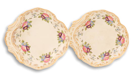 Pair of Derby Shell Dishes: Pair of Derby Shell Dishes ca. 1806-1825, decorated with gilt scrollwork and bouquets of polychrome flowers, the bottoms with Derby's red crown and crossed baton mark. w. 9-1/4", l. 9-1/2" 