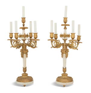 Pair of French Gilt-Bronze and Marble Candelabra: Pair of French Gilt-Bronze and Marble Candelabra fourth quarter 19th century, the quiver-form marble standards supporting scrolled candle arms ornamented with foliate piercing, set with five