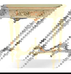 Louis XVI-Style Painted Console: Louis XVI-Style Painted Console 20th century, the parcel-gilt console with a shaped and molded top over a carved frieze, raised on tall, turned and fluted trumpet-form legs joined by a shaped