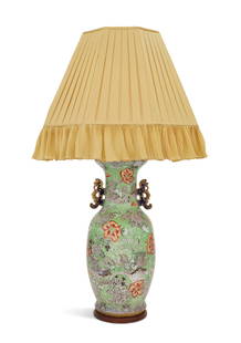 Large Mason's Ironstone Lamp: Large Mason's Ironstone Lamp second quarter 19th century, transfer-printed in the chinoiserie taste with flowers, vines and pagodas, with cobalt chinoiserie gilt-trimmed handles, fitted with a custom