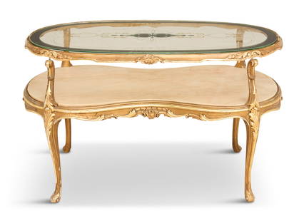 Louis XV-Style Giltwood Two-Tier Cocktail Table: Louis XV-Style Giltwood Two-Tier Cocktail Table early 20th century, the ovoid top with an inset glass surface with decorative etched patterns, above a concave onyx-inset shelf, raised on molded
