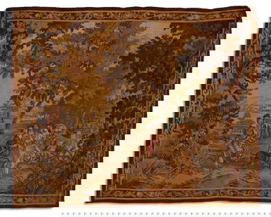 Hand-Woven Brussels Tapestry of Artemis: Hand-Woven Brussels Tapestry of Artemis 19th century, the goddess of the hunt with her handmaidens and hunting dogs, within a lush landscape, allover vine border. 59" x 90" Provenance: