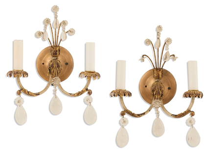 Pair of Gilt-Metal and Glass Sconces: Pair of Gilt-Metal and Glass Sconces second quarter 20th century, the crest with a spray of drops, the circular backplate set with a pair of white-enameled candle arms ornamented with gilt leaves and