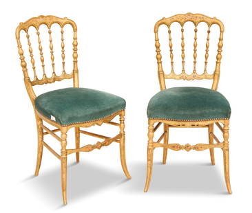 Pair of Edwardian Giltwood Ballroom Chairs: Pair of Edwardian Giltwood Ballroom Chairs 19th century, each having a shaped crest rail with painted floral sprays over a spindled back, the padded green velvet seat with brass tacking, raised on