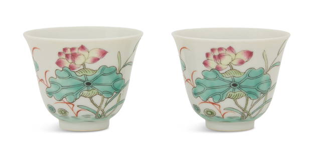 Pair of Chinese Famille Rose Porcelain Wine Cups: Pair of Chinese Famille Rose Porcelain Wine Cups 20th century, each of inverted bell form and decorated with flowering lotus plants and a white heron on the exterior, the bases with six-character