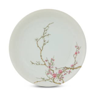 Fine Chinese Famille Rose Porcelain Saucer Dish: Fine Chinese Famille Rose Porcelain Saucer Dish 19th century, the low saucer-shaped dish decorated in famille rose enamels on the exterior with flowering prunus trees with gnarled branches continuing