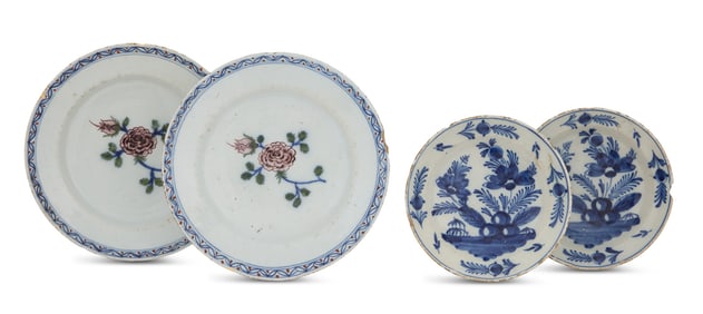 Two Pairs of Tin-Glazed Pottery Plates